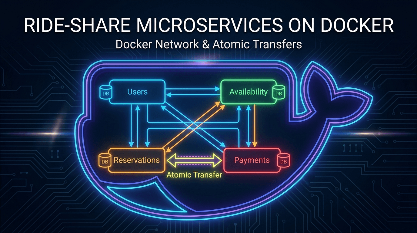 Ride-share microservices on Docker, cover artwork